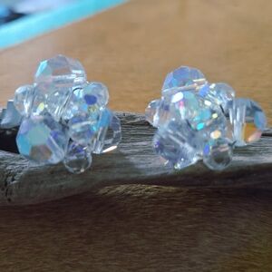 Vintage Earrings Aurora Borealis Crystal Cluster Clip On AB Faceted